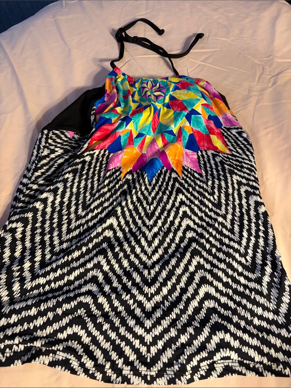 Bar III Black & White Zigzag Swim Dress with Multicolor Geometric Top